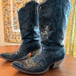 Women's Black Vintage Leather with Lizard Inlay Snip Toe Western Boots, Size 7.5